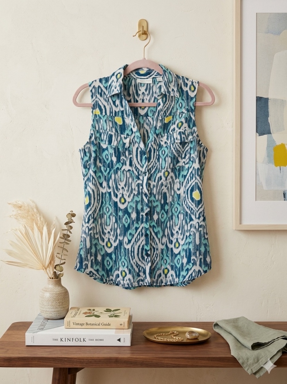 New York & Company Teal Blue Ikat Sleeveless Button Front Top